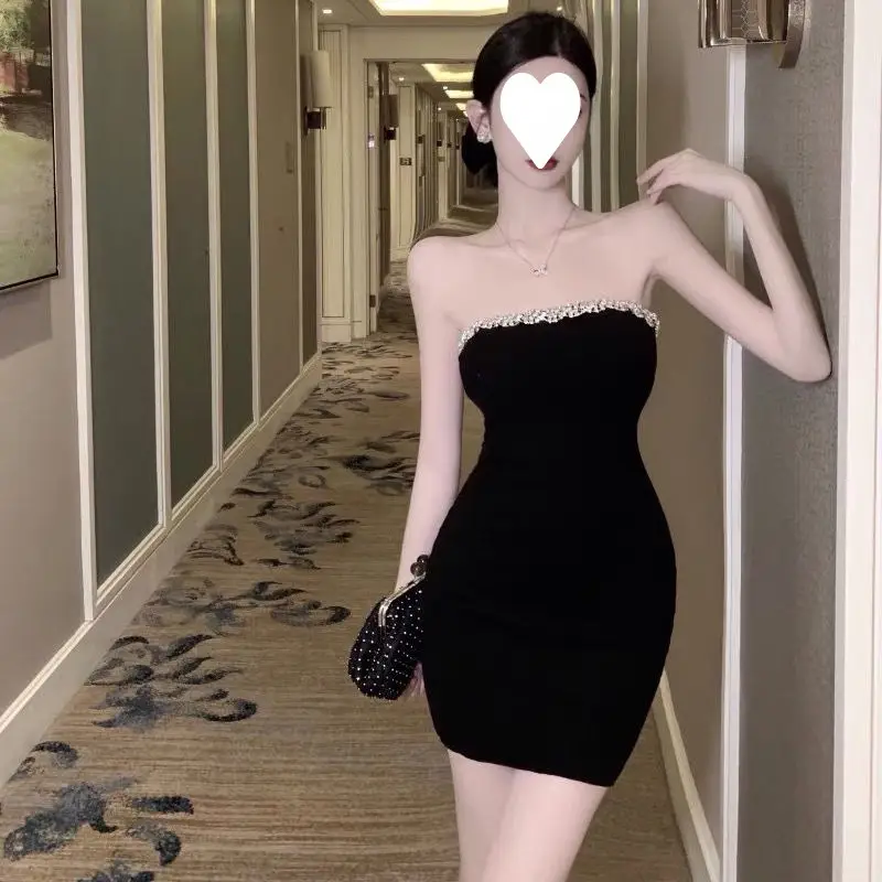 Black Rhinestone Tube Top Dress with Waist Tight Hip Wrapped Short Skirt - Image 6