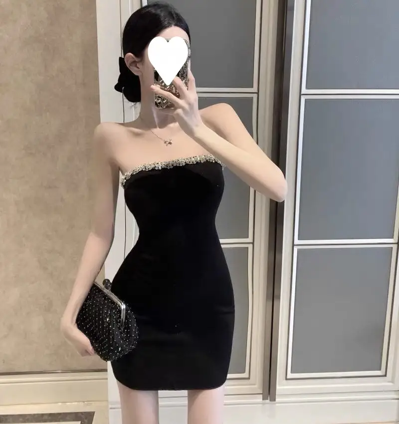 Black Rhinestone Tube Top Dress with Waist Tight Hip Wrapped Short Skirt — feature 5
