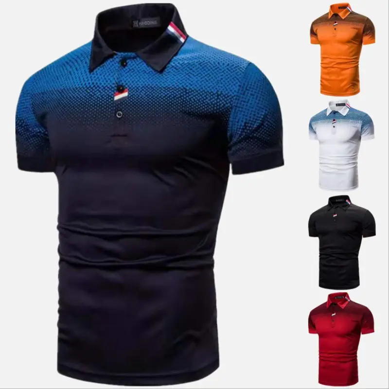 Men Printed Short Sleeve Polo T-Shirt White Blue Gradient Large - Image 9