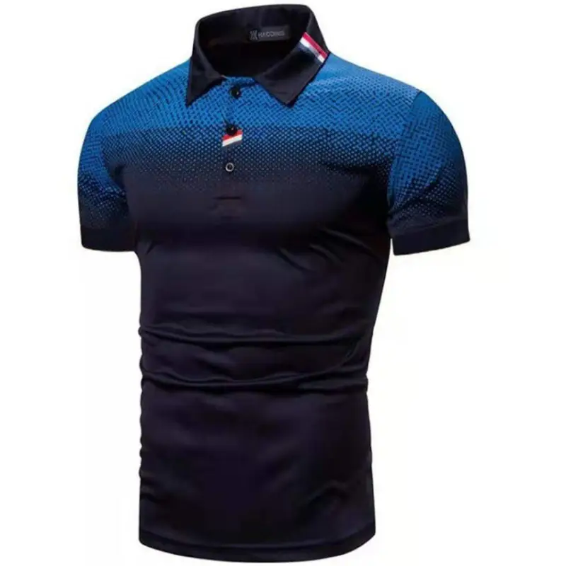 Men Printed Short Sleeve Polo T-Shirt White Blue Gradient Large - Image 4