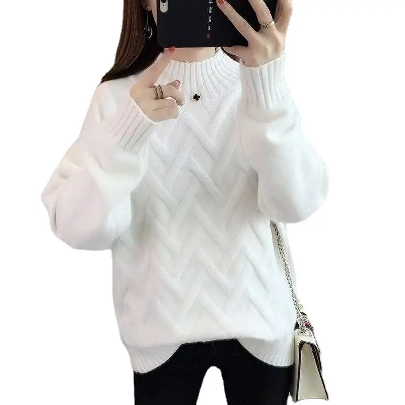 Women's Yellow Chevron Wool Sweater Semi-High Collar - Image 8