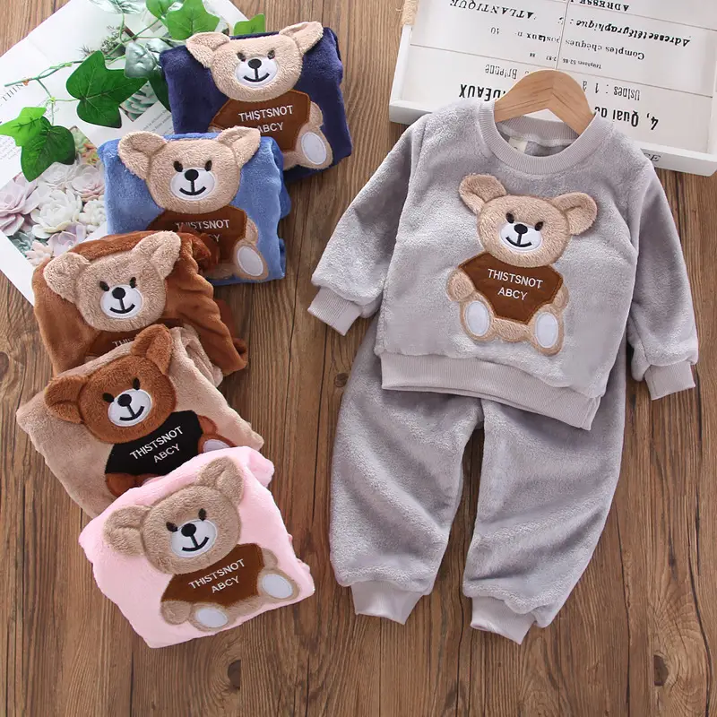 Children's Autumn and Winter Flannel Pajamas for Boys and Girls, Autumn and Winter Coral Velvet Suits, Home Bear Thickeneded Home Clothes