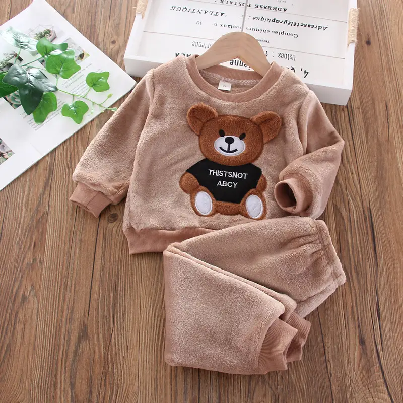 Children's Autumn and Winter Flannel Pajamas for Boys and Girls, Autumn and Winter Coral Velvet Suits, Home Bear Thickeneded Home Clothes