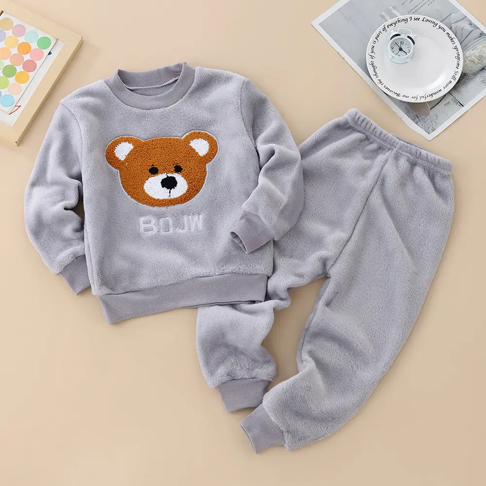 Children's Autumn and Winter Flannel Pajamas for Boys and Girls, Autumn and Winter Coral Velvet Suits, Home Bear Thickeneded Home Clothes