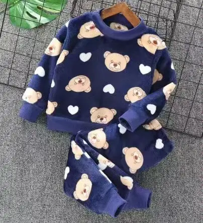 Children's Autumn and Winter Flannel Pajamas for Boys and Girls, Autumn and Winter Coral Velvet Suits, Home Bear Thickeneded Home Clothes