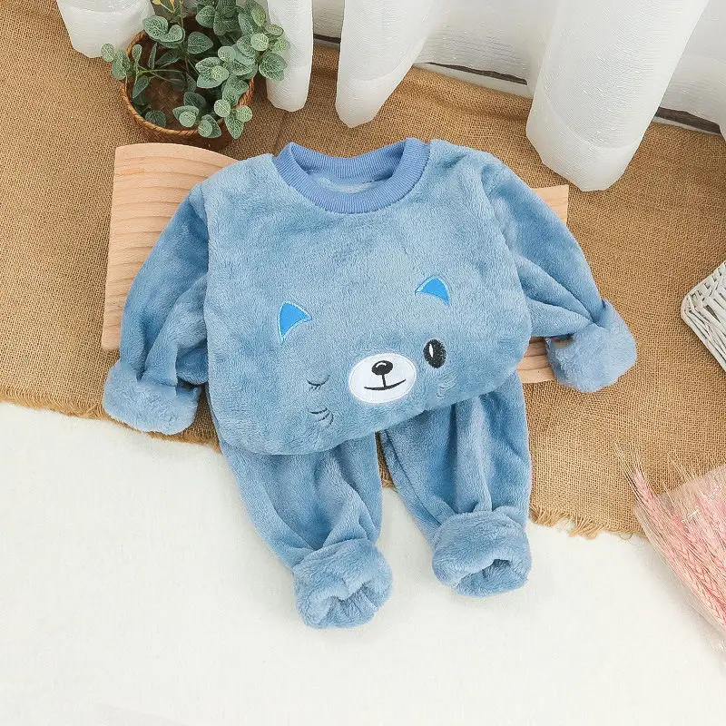 Children's Autumn and Winter Flannel Pajamas for Boys and Girls, Autumn and Winter Coral Velvet Suits, Home Bear Thickeneded Home Clothes