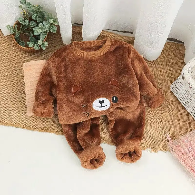 Children's Autumn and Winter Flannel Pajamas for Boys and Girls, Autumn and Winter Coral Velvet Suits, Home Bear Thickeneded Home Clothes