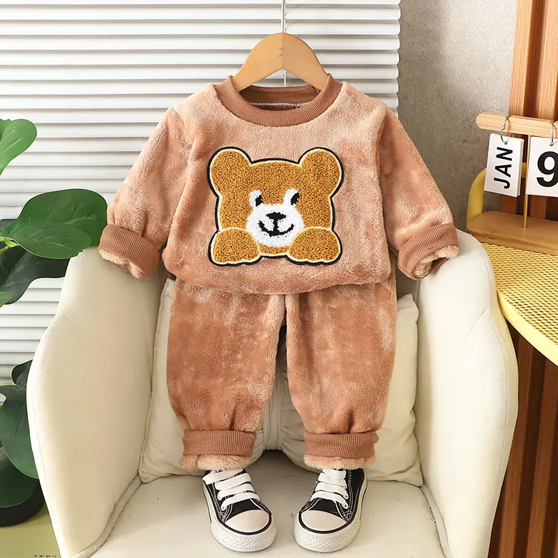 Children's Autumn and Winter Flannel Pajamas for Boys and Girls, Autumn and Winter Coral Velvet Suits, Home Bear Thickeneded Home Clothes