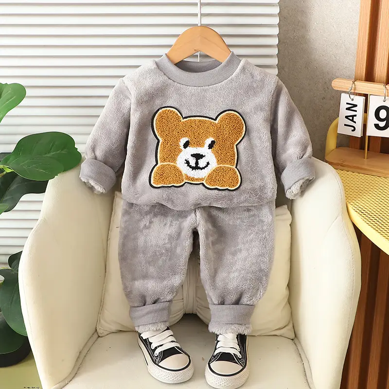 Children's Autumn and Winter Flannel Pajamas for Boys and Girls, Autumn and Winter Coral Velvet Suits, Home Bear Thickeneded Home Clothes