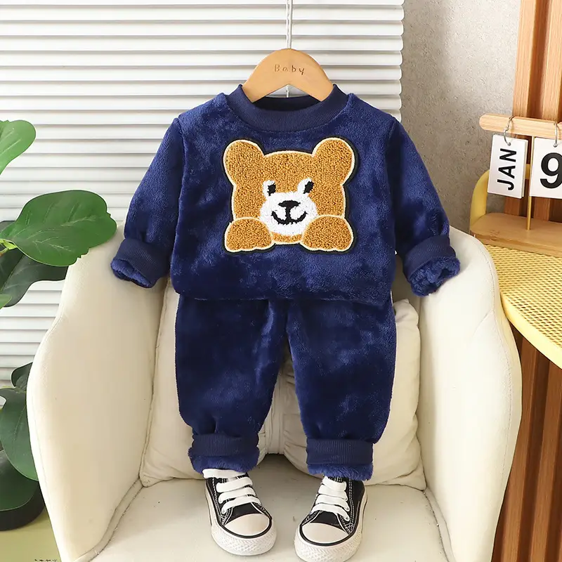 Children's Autumn and Winter Flannel Pajamas for Boys and Girls, Autumn and Winter Coral Velvet Suits, Home Bear Thickeneded Home Clothes