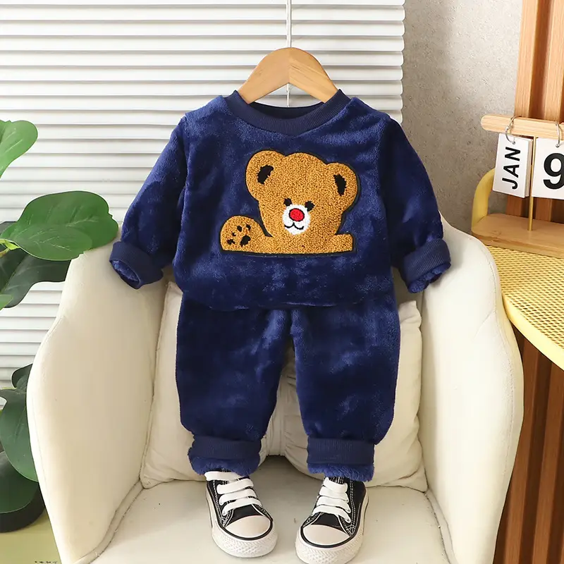 Children's Autumn and Winter Flannel Pajamas for Boys and Girls, Autumn and Winter Coral Velvet Suits, Home Bear Thickeneded Home Clothes