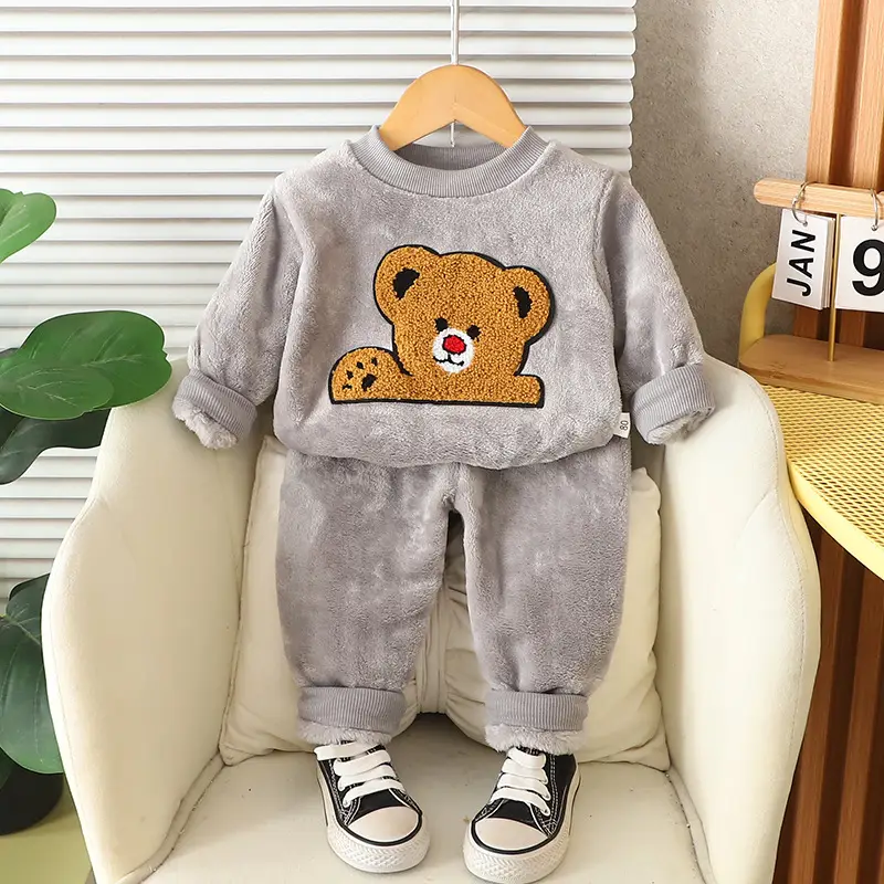 Children's Autumn and Winter Flannel Pajamas for Boys and Girls, Autumn and Winter Coral Velvet Suits, Home Bear Thickeneded Home Clothes