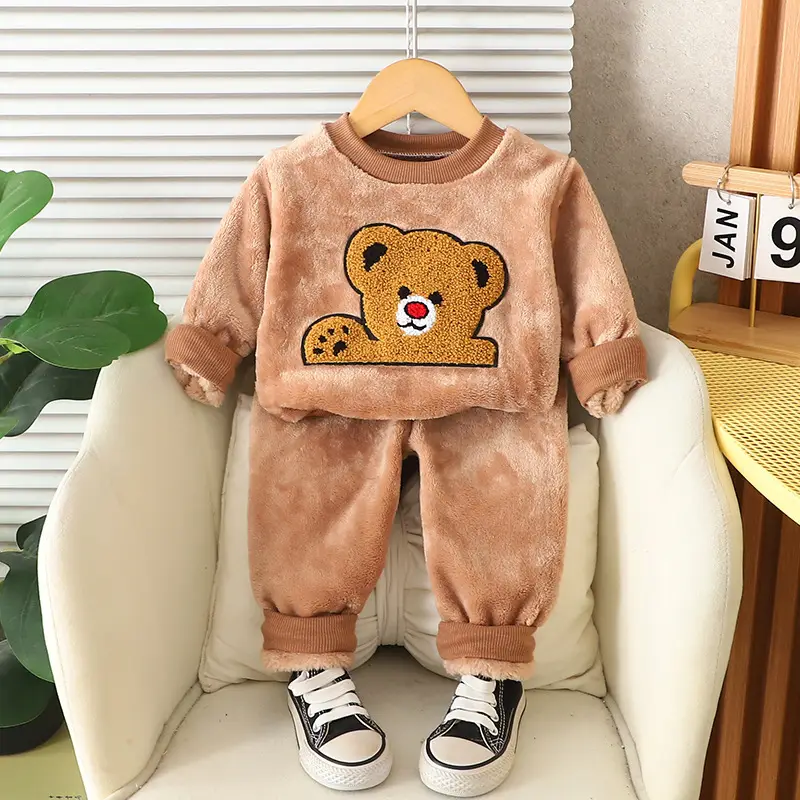 Children's Autumn and Winter Flannel Pajamas for Boys and Girls, Autumn and Winter Coral Velvet Suits, Home Bear Thickeneded Home Clothes