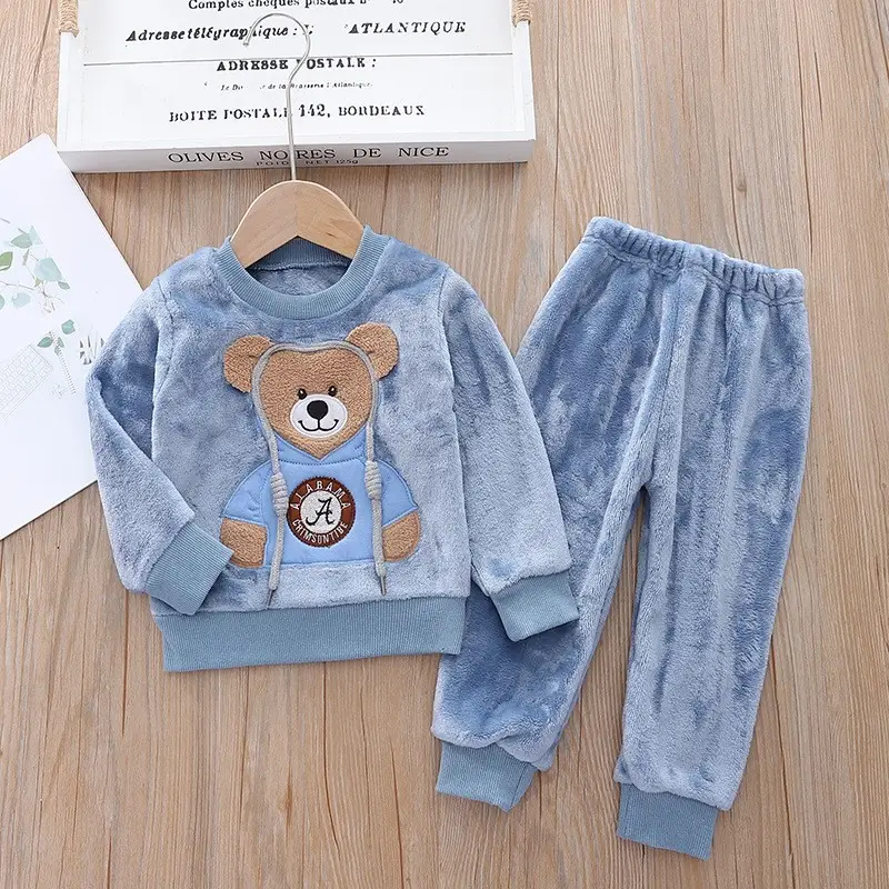 Children's Autumn and Winter Flannel Pajamas for Boys and Girls, Autumn and Winter Coral Velvet Suits, Home Bear Thickeneded Home Clothes
