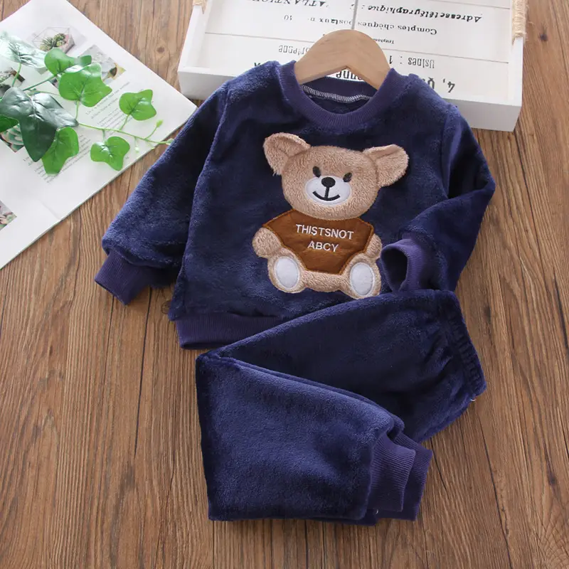 Children's Autumn and Winter Flannel Pajamas for Boys and Girls, Autumn and Winter Coral Velvet Suits, Home Bear Thickeneded Home Clothes