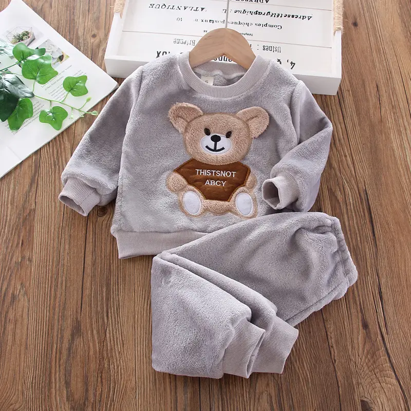 Children's Autumn and Winter Flannel Pajamas for Boys and Girls, Autumn and Winter Coral Velvet Suits, Home Bear Thickeneded Home Clothes