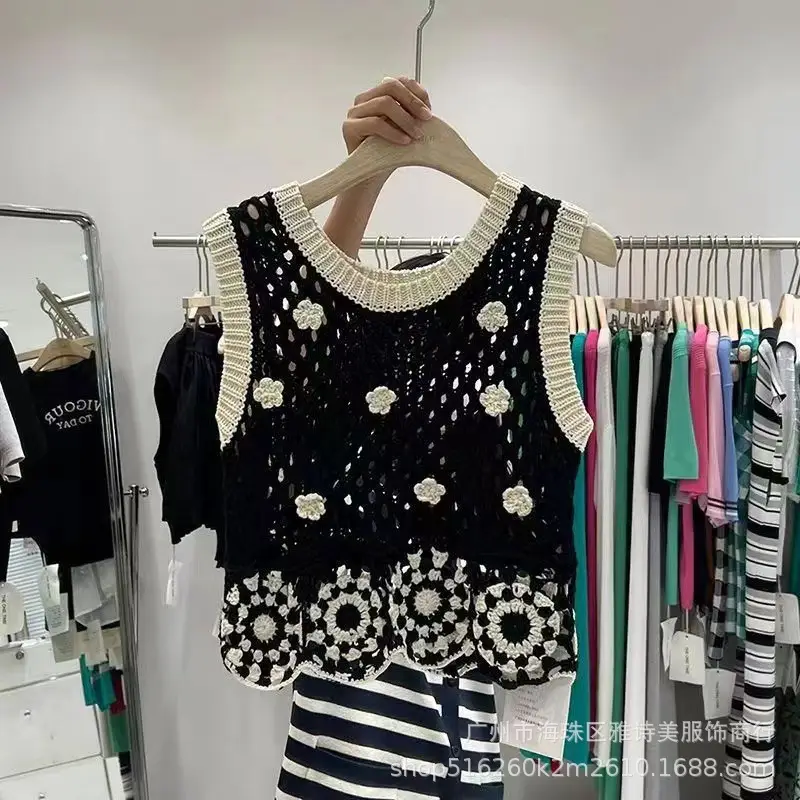 Women's Black Embroidered Knitted Vest with White Flower Design - Image 29
