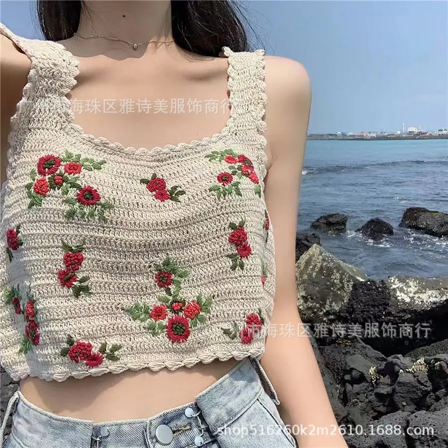 Women's Black Embroidered Knitted Vest with White Flower Design - Image 15