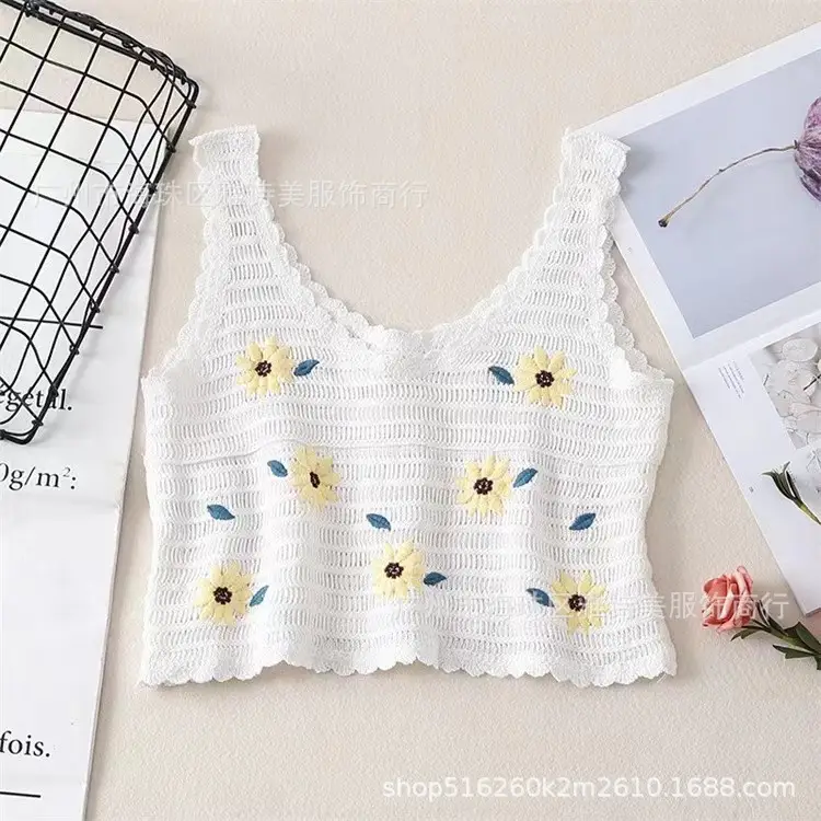 Women's Black Embroidered Knitted Vest with White Flower Design - Image 18