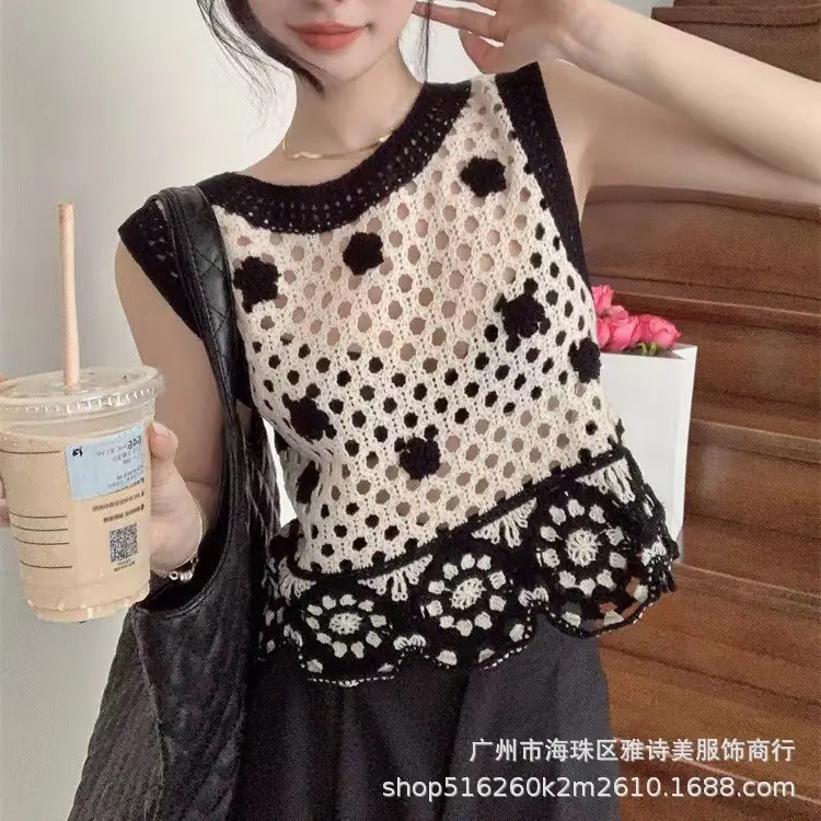 Women's Black Embroidered Knitted Vest with White Flower Design - Image 3
