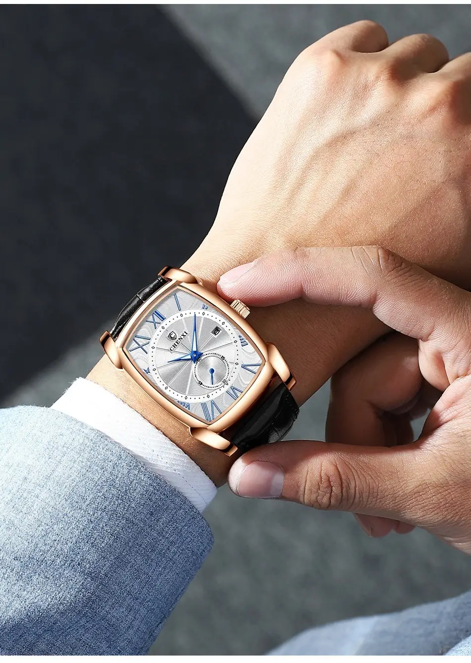 Men's Square Chenxi Quartz Watch Gold Leather Strap — feature 11