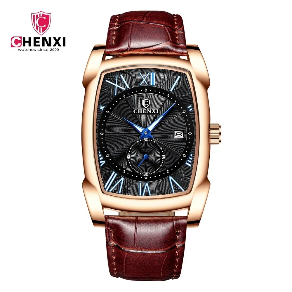 Men's Square Chenxi Quartz Watch Gold Leather Strap - Image 2