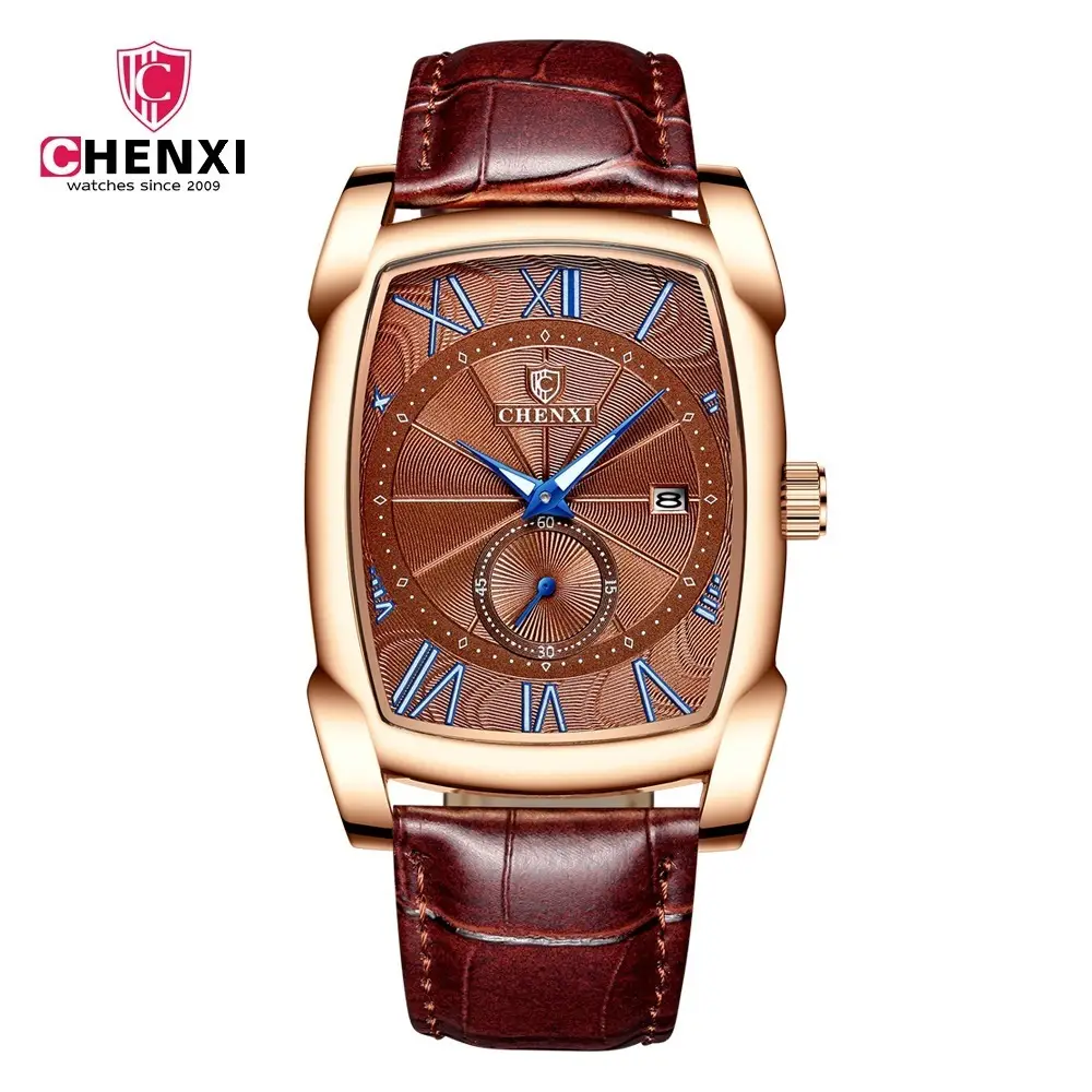 Men's Square Chenxi Quartz Watch Gold Leather Strap - Image 3