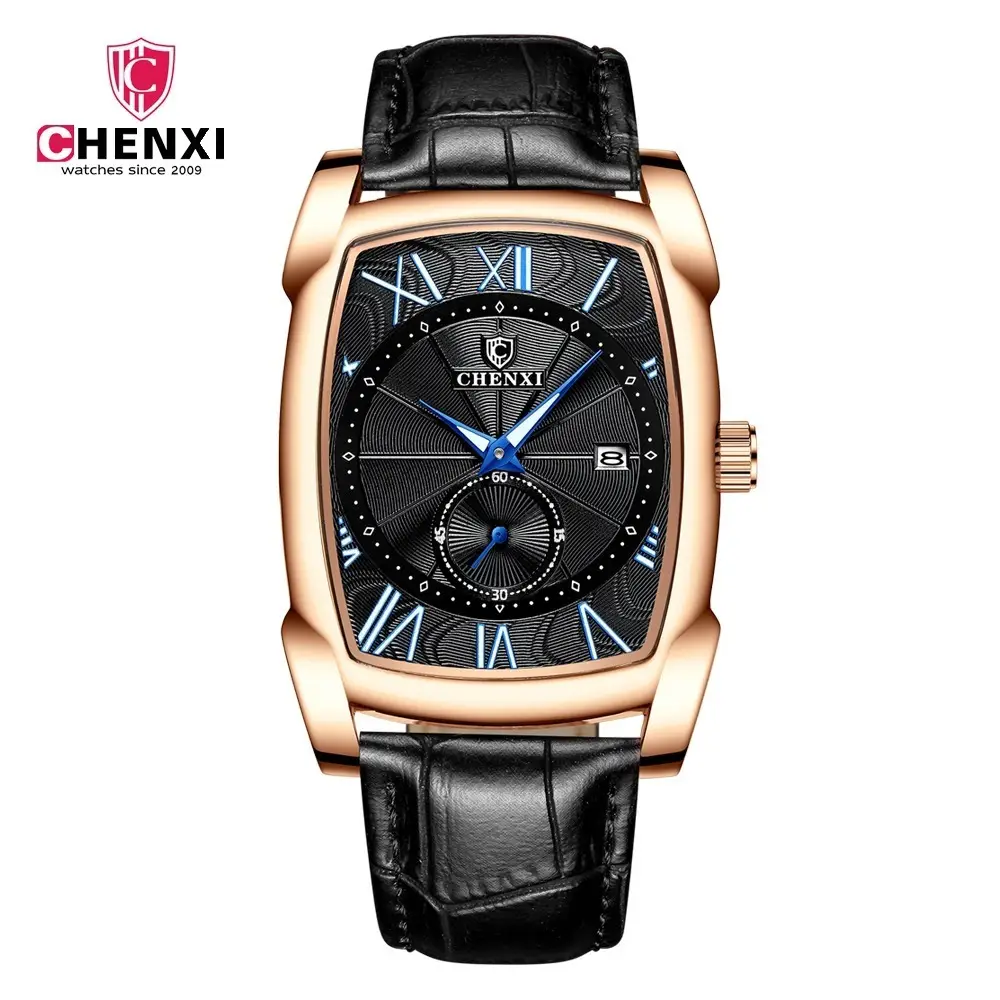 Men's Square Chenxi Quartz Watch Gold Leather Strap - Image 5