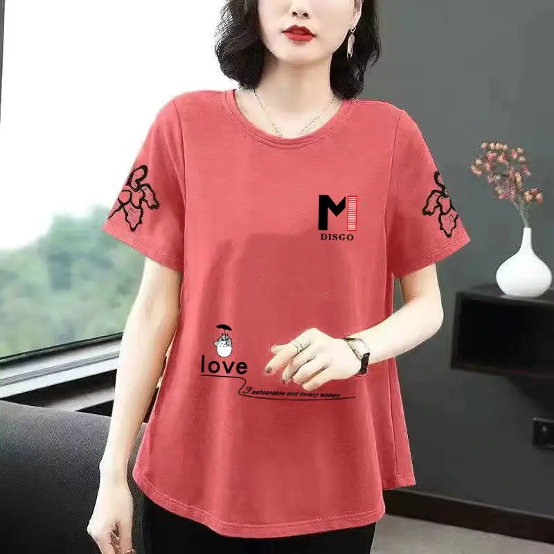 Women Cotton T-Shirt Red Love Print Summer 2024 - Image 6
