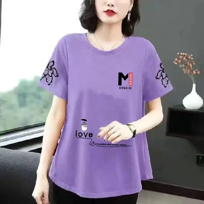 Women Cotton T-Shirt Red Love Print Summer 2024 - Image 5