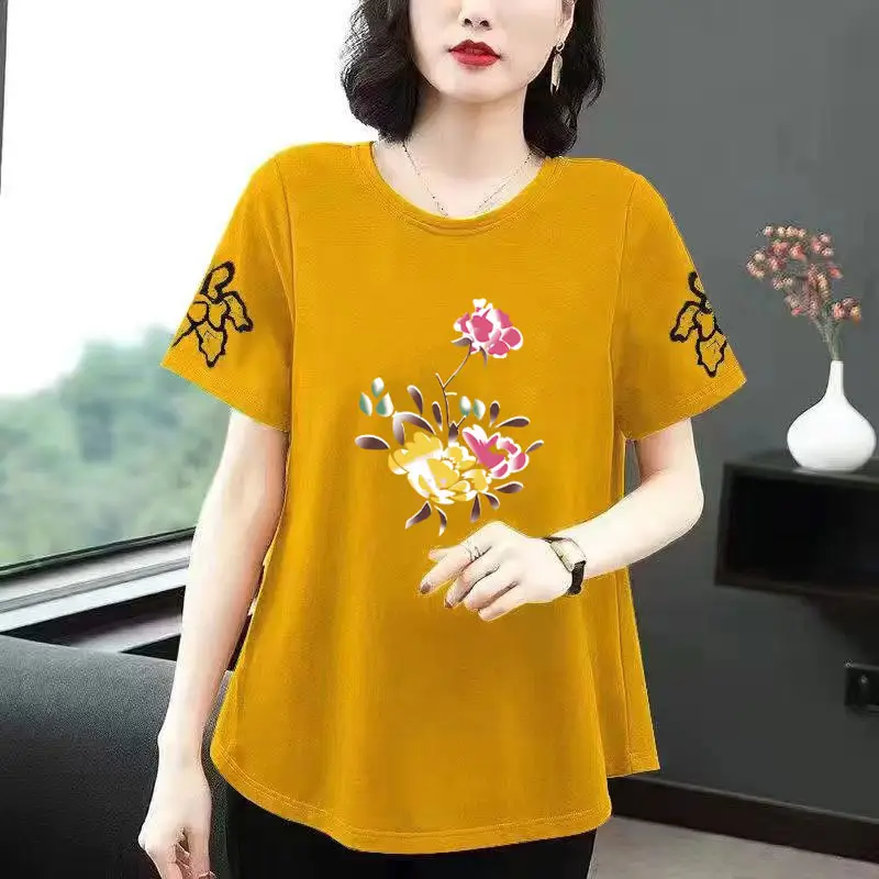 Cotton Floral Short Sleeve Women T-Shirt Yellow - Image 3