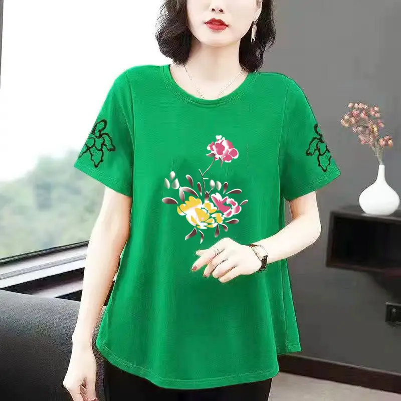 Cotton Floral Short Sleeve Women T-Shirt Yellow - Image 4