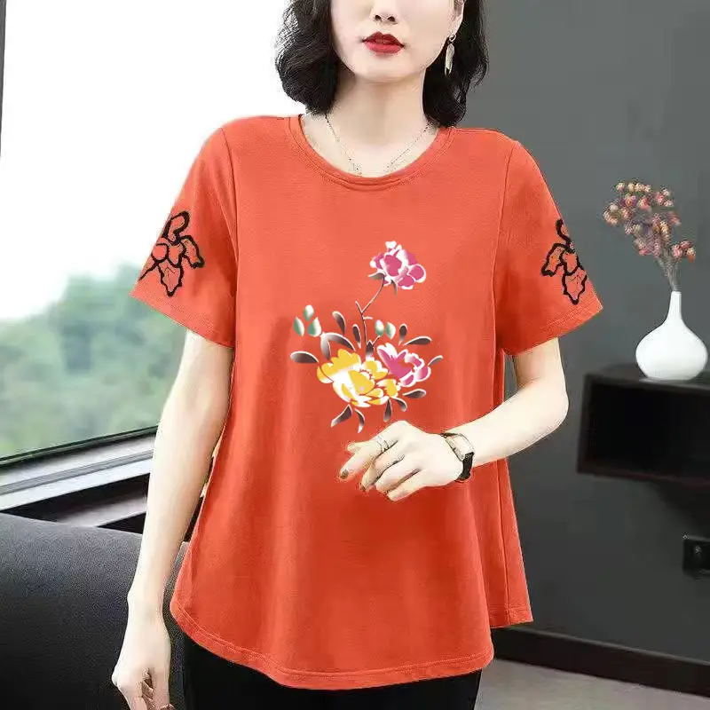 Cotton Floral Short Sleeve Women T-Shirt Yellow - Image 2
