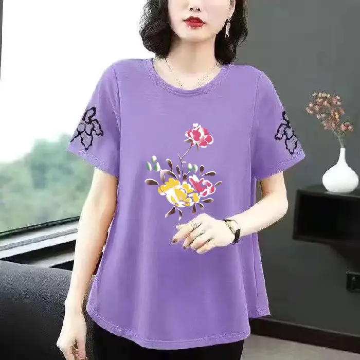 Cotton Floral Short Sleeve Women T-Shirt Yellow - Image 5