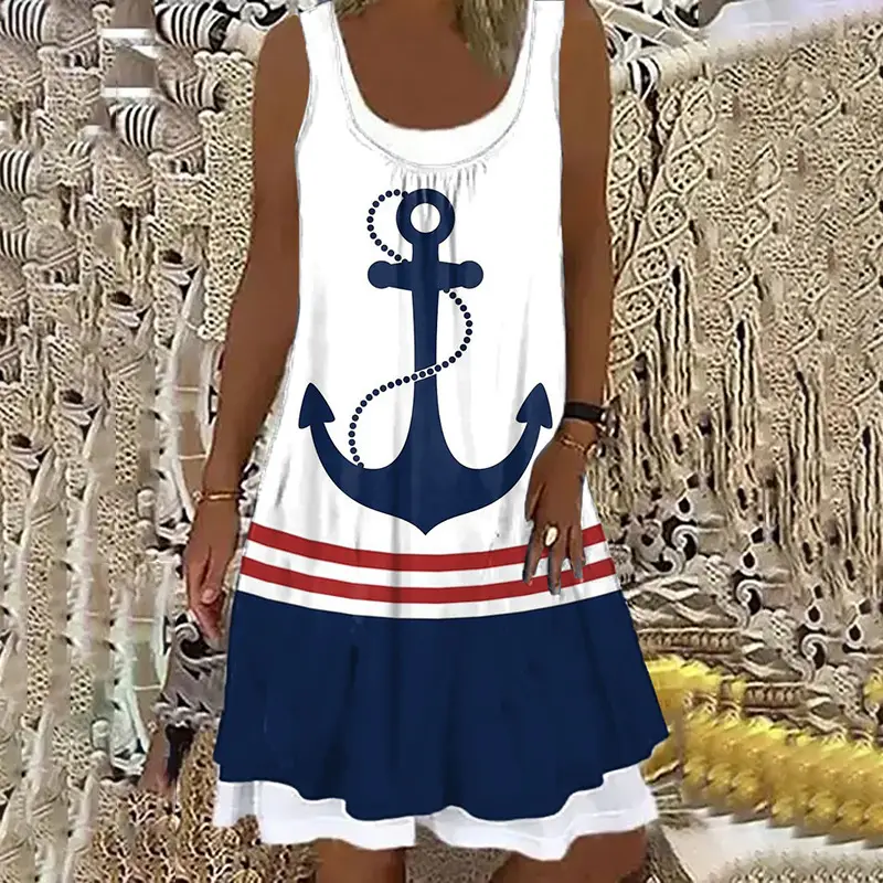 Women Sleeveless Blue Anchor Midi Dress Summer 2022 - Image 7