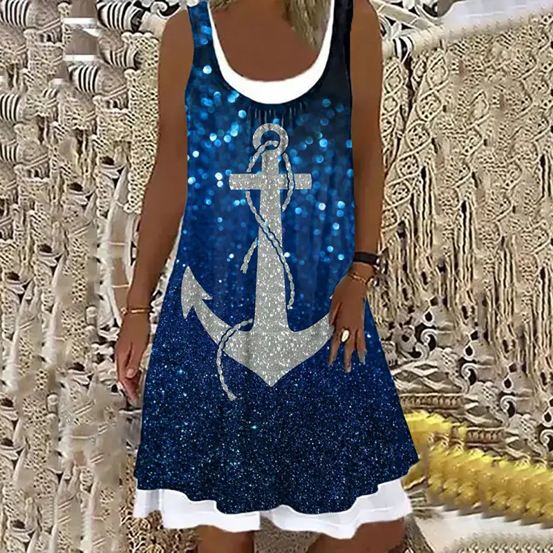 Women Sleeveless Blue Anchor Midi Dress Summer 2022 - Image 8