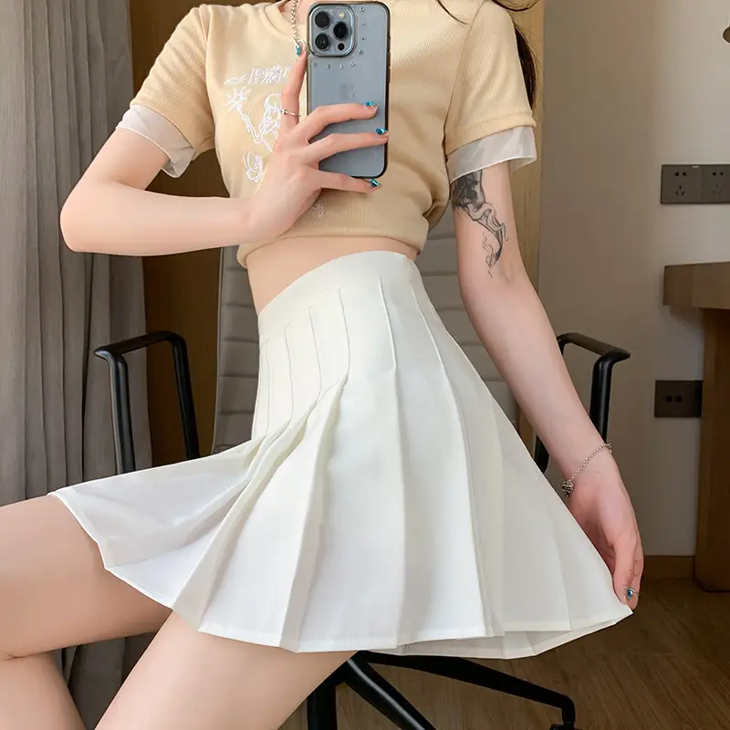 Women Pleated Skirt Grey High Waist Slimming Suit