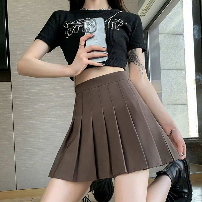 Women Pleated Skirt Grey High Waist Slimming Suit