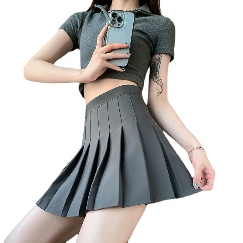 Women Pleated Skirt Grey High Waist Slimming Suit