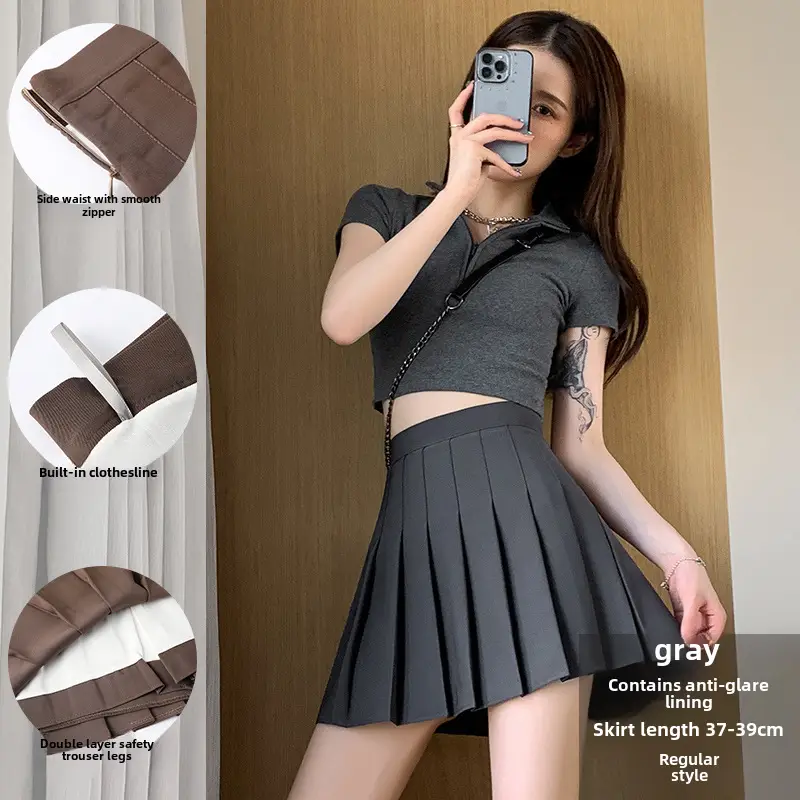 Women Pleated Skirt Grey High Waist Slimming Suit