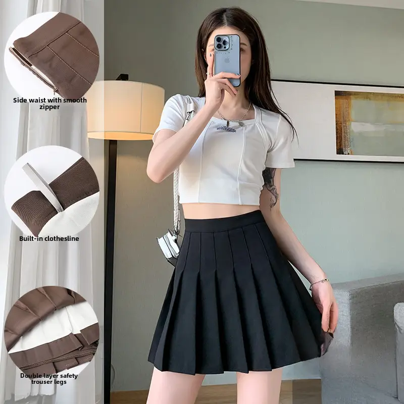 Women Pleated Skirt Grey High Waist Slimming Suit