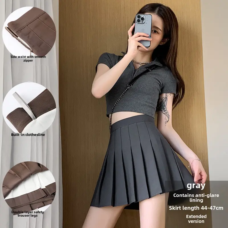 Women Pleated Skirt Grey High Waist Slimming Suit