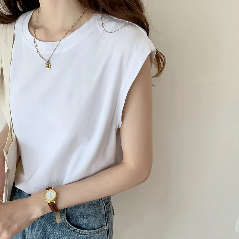 Women White Sleeveless T-Shirt Loose Fit Summer Top - Image 7