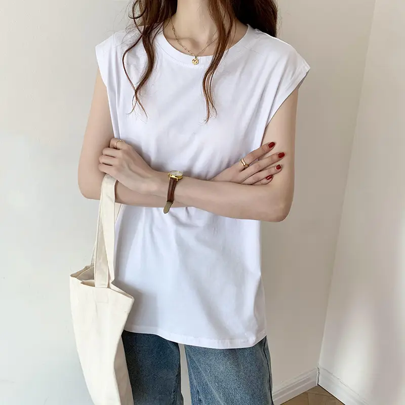 Women White Sleeveless T-Shirt Loose Fit Summer Top - Image 10