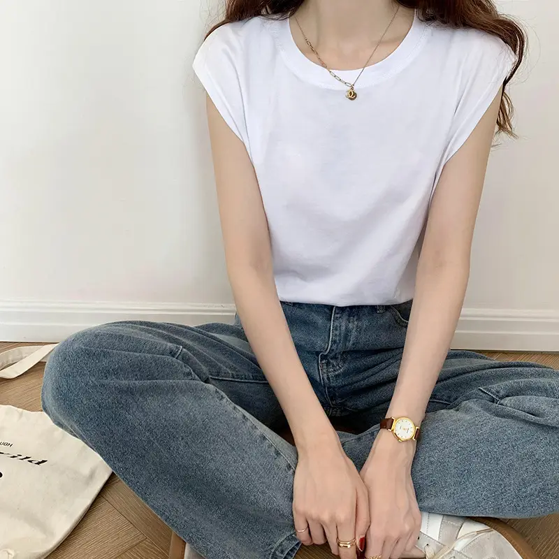 Women White Sleeveless T-Shirt Loose Fit Summer Top - Image 3