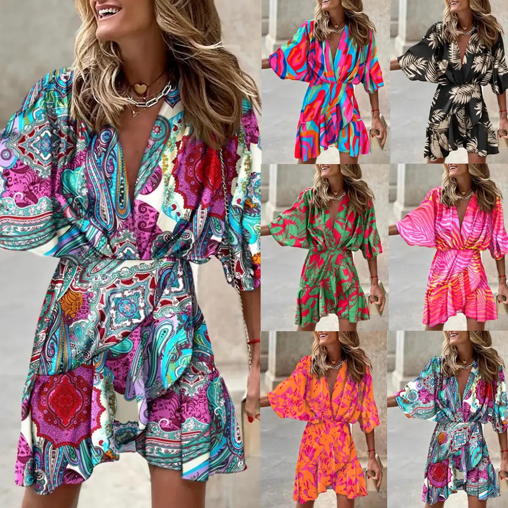 2022 V-Neck Bat Sleeve Dress Women's Cotton Multi Color - Image 7