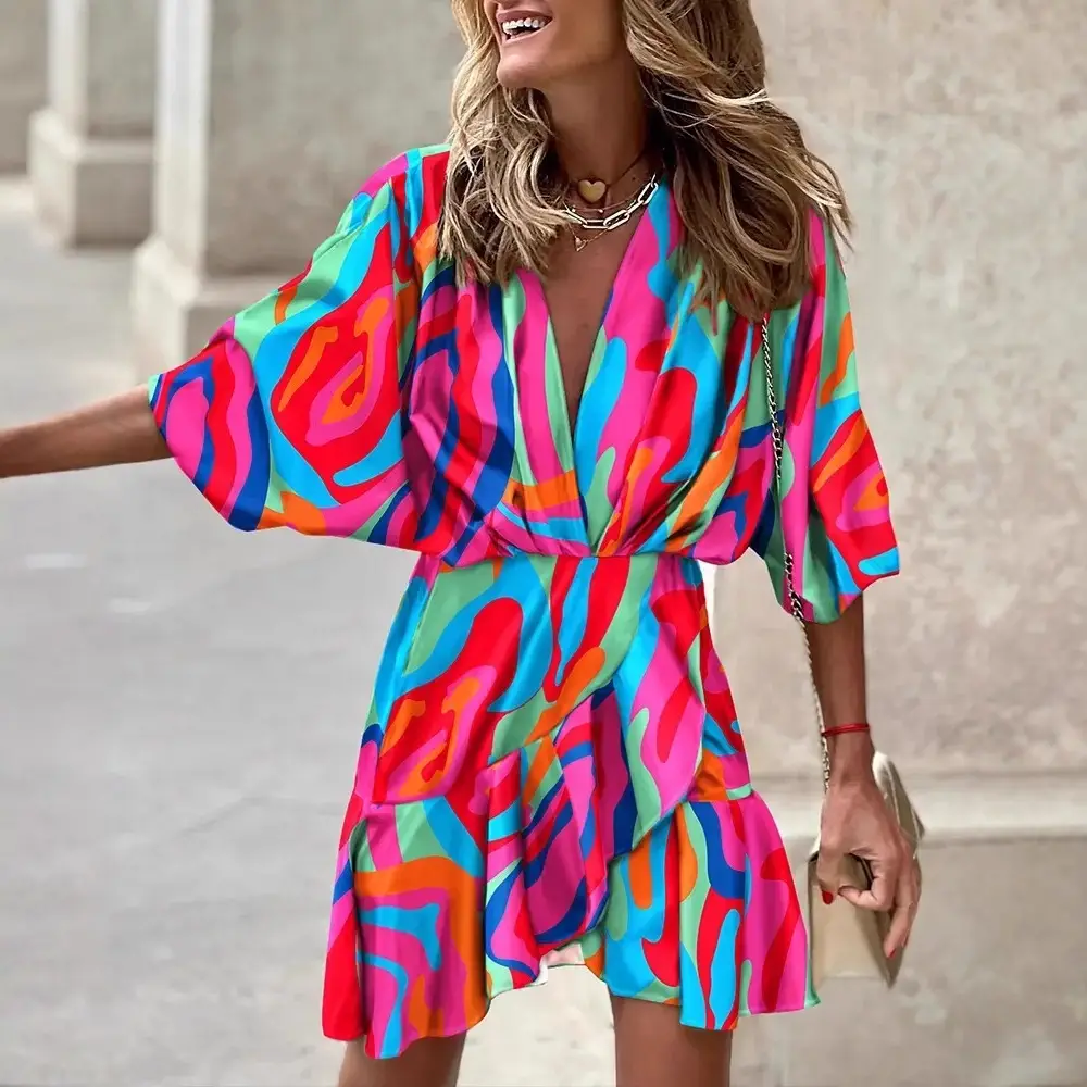 2022 V-Neck Bat Sleeve Dress Women's Cotton Multi Color - Image 8