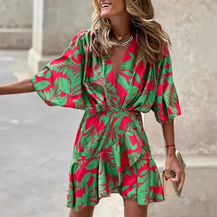 2022 V-Neck Bat Sleeve Dress Women's Cotton Multi Color - Image 9