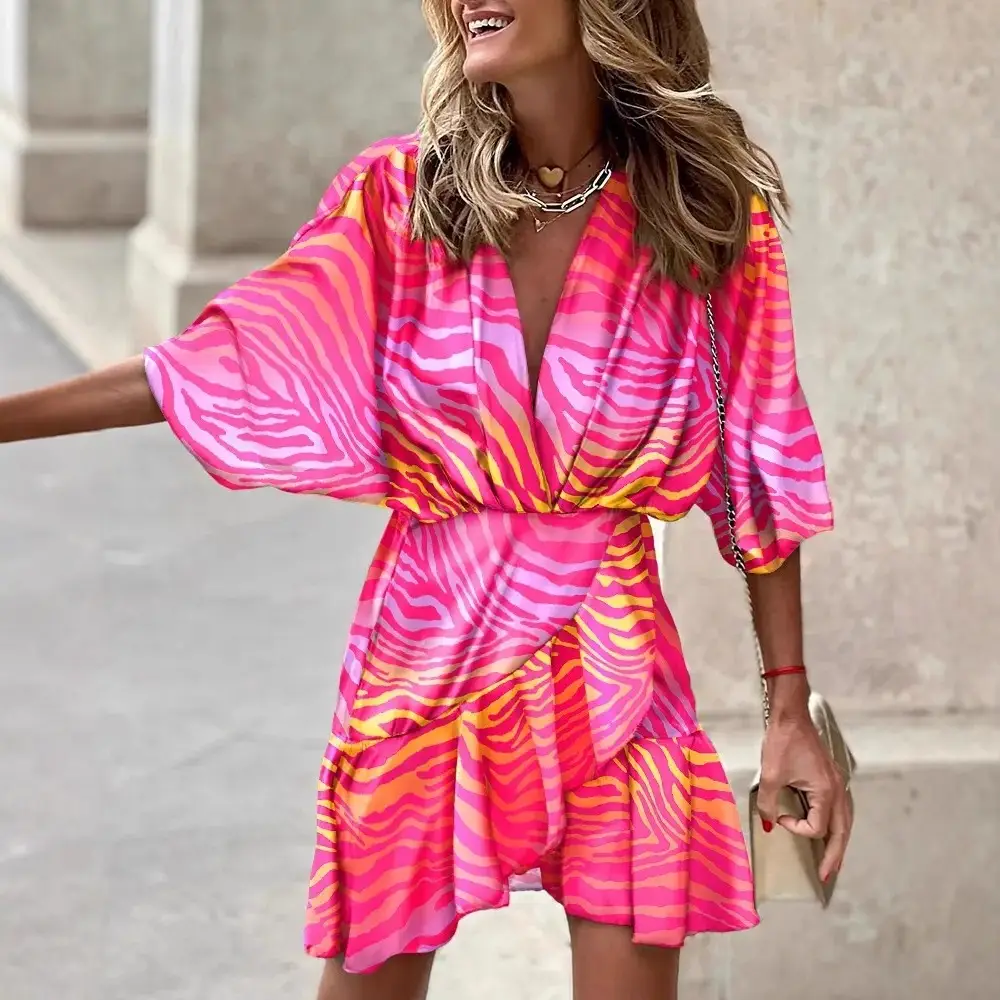 2022 V-Neck Bat Sleeve Dress Women's Cotton Multi Color - Image 10
