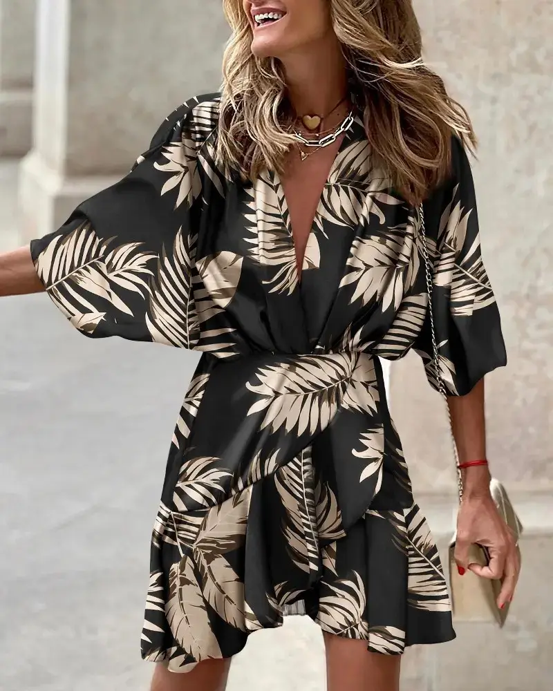 2022 V-Neck Bat Sleeve Dress Women's Cotton Multi Color - Image 5